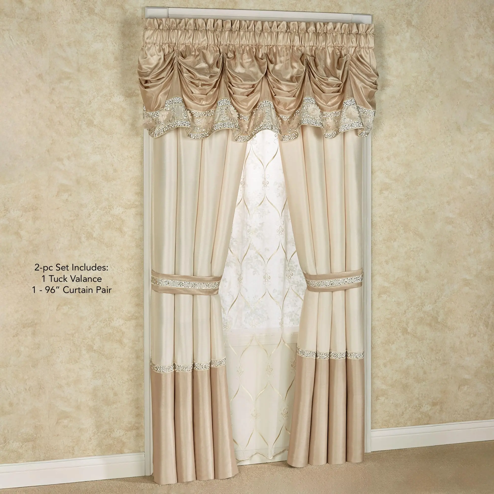 Luxury Elegante Faux Silk Window Tuck Valance & 96L Curtains, 2 Pc Set
