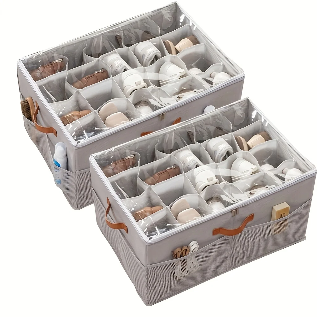 1PC Fabric Visual Shoe Storage Box Multi Grid Compartmentalized Organizer For Sneakers Slippers Under Bed Space SavingContainer