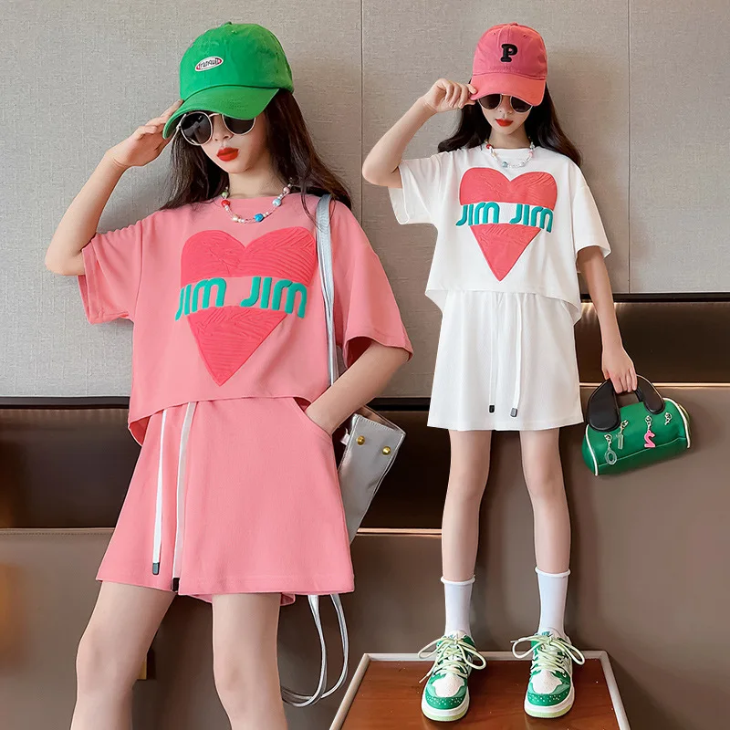 Kids Clothes Girls Summer Sweet Heart Top & Loose Shorts 2 Pieces Set Teenage Girl Letter Tracksuit Dopamine Wear Sport Outfit