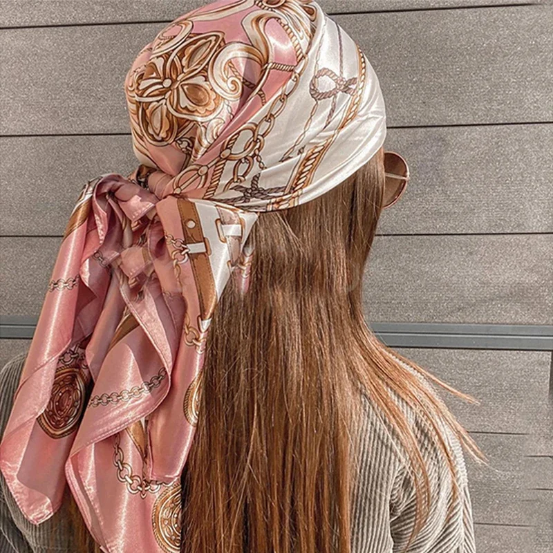 Bufandas cuadradas de seda de 90x90cm, chales Hijab para mujer, pañuelo estampado de moda, pañuelo para la cabeza para mujer, Foulard, Bandana, Pareo de playa