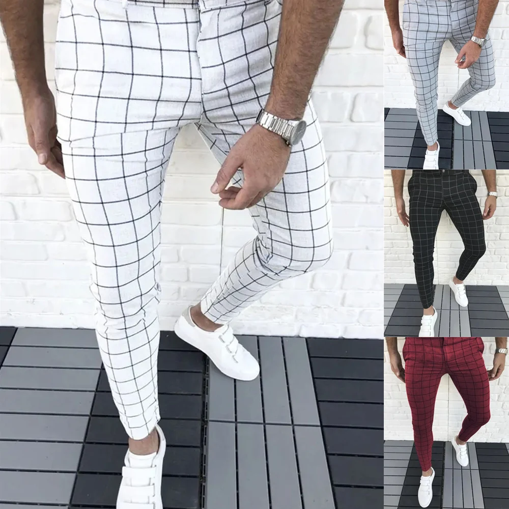 

Мужские брюки в клетку 7 цветов, модные, с узором в клетку, зауженные, для костюма, осенне-весенние, деловые повседневные, мужские брюки-карандаш