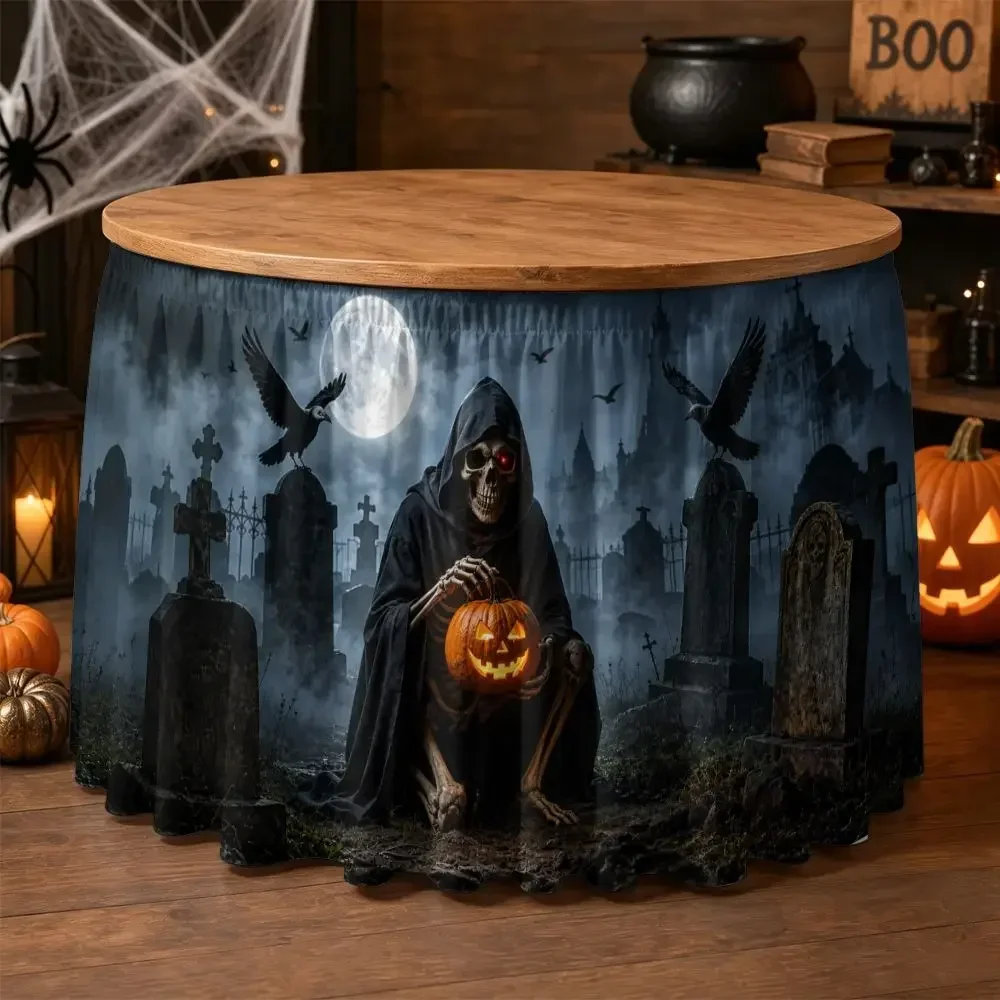 One Halloween party table skirt, a 2D flat design of the Grim Reaper holding a glowing pumpkin pattern.