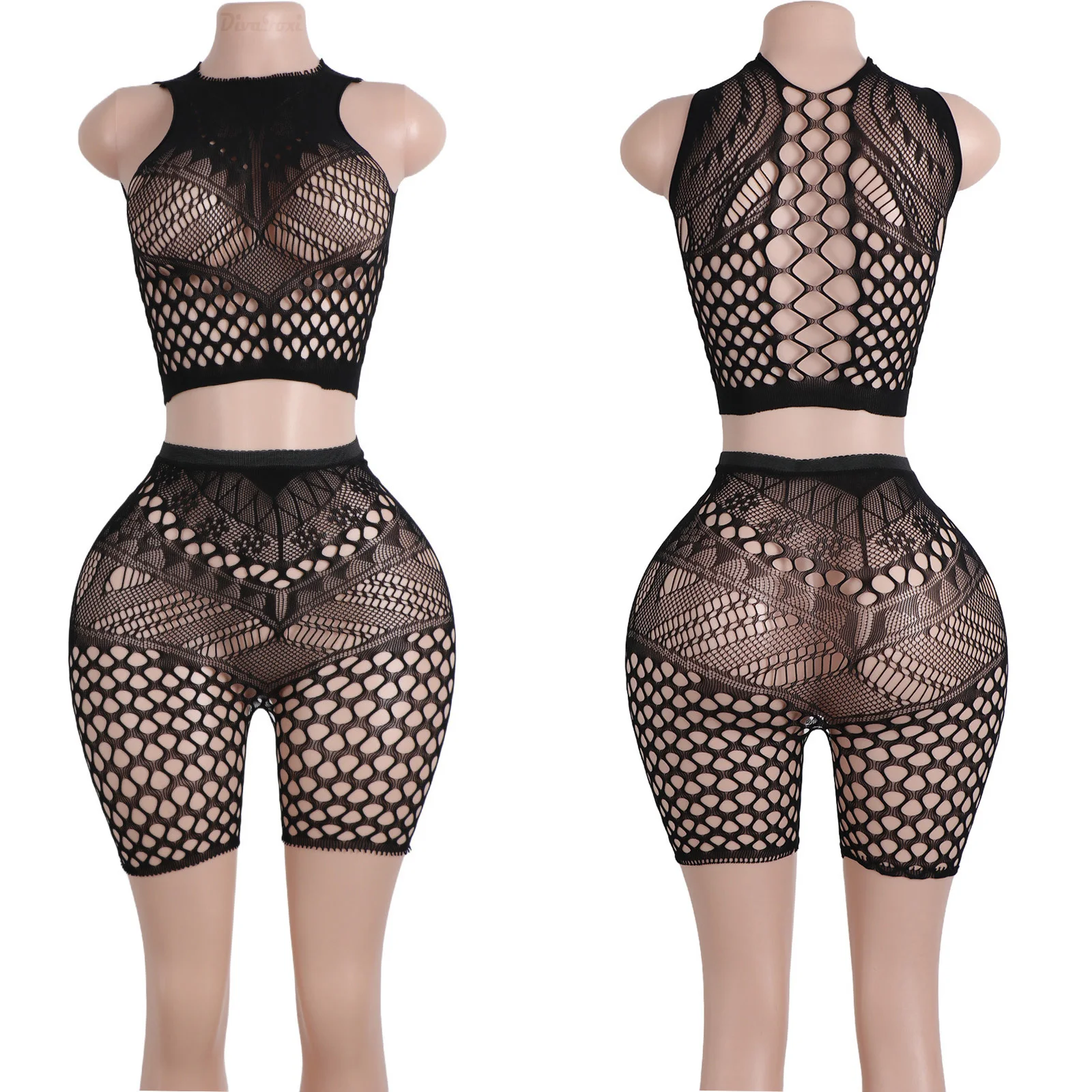 Women's Exotic Black Lace Two-Piece Bodysuit Hollow Wholesale Club Performance Dancewear Mesh Shorts Set Sexy Striper Outfits