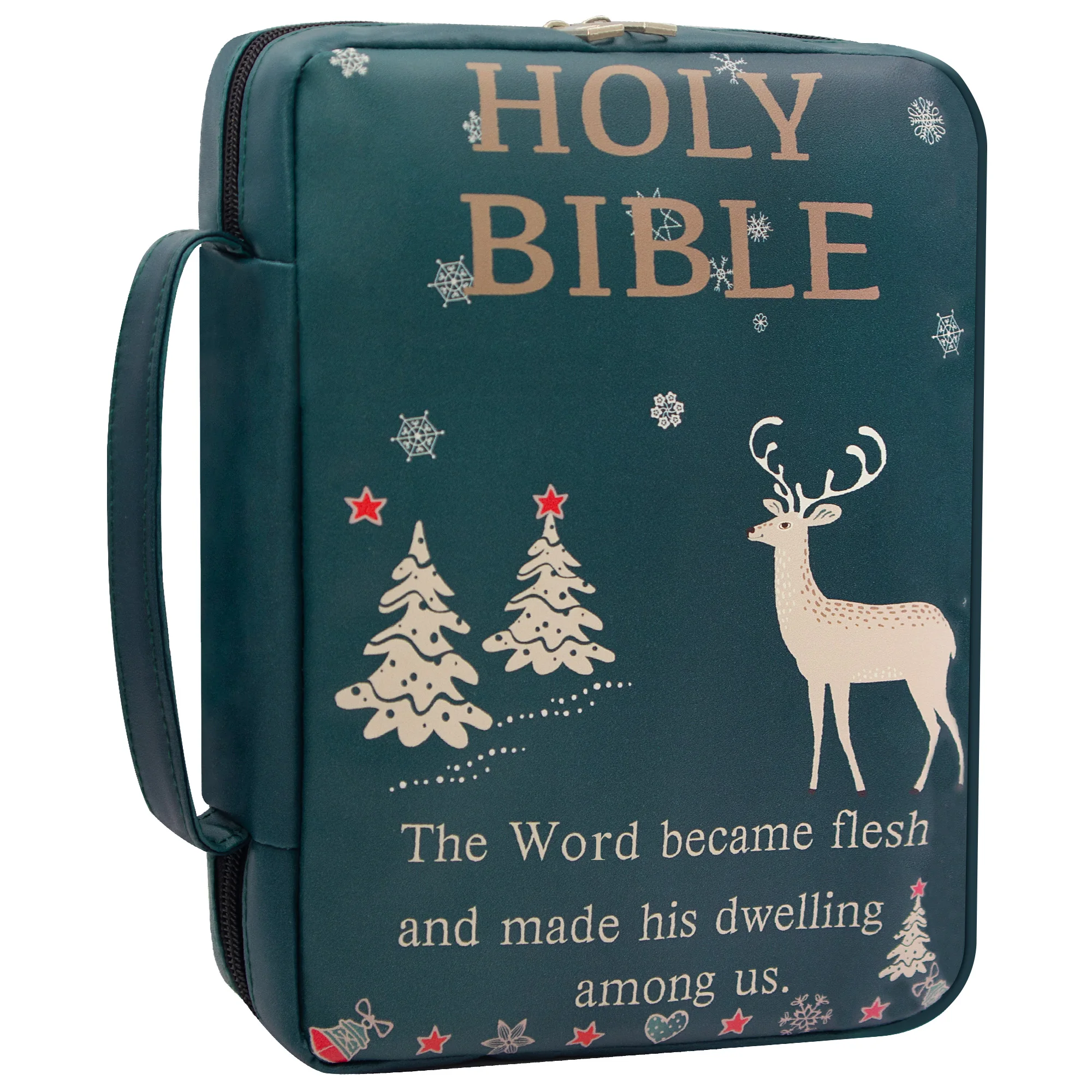 

Рождественская библейская обложка с оленями и Писанием | Кожаный футляр для Святой Библии с ручкой | Христианский праздничный подарок
