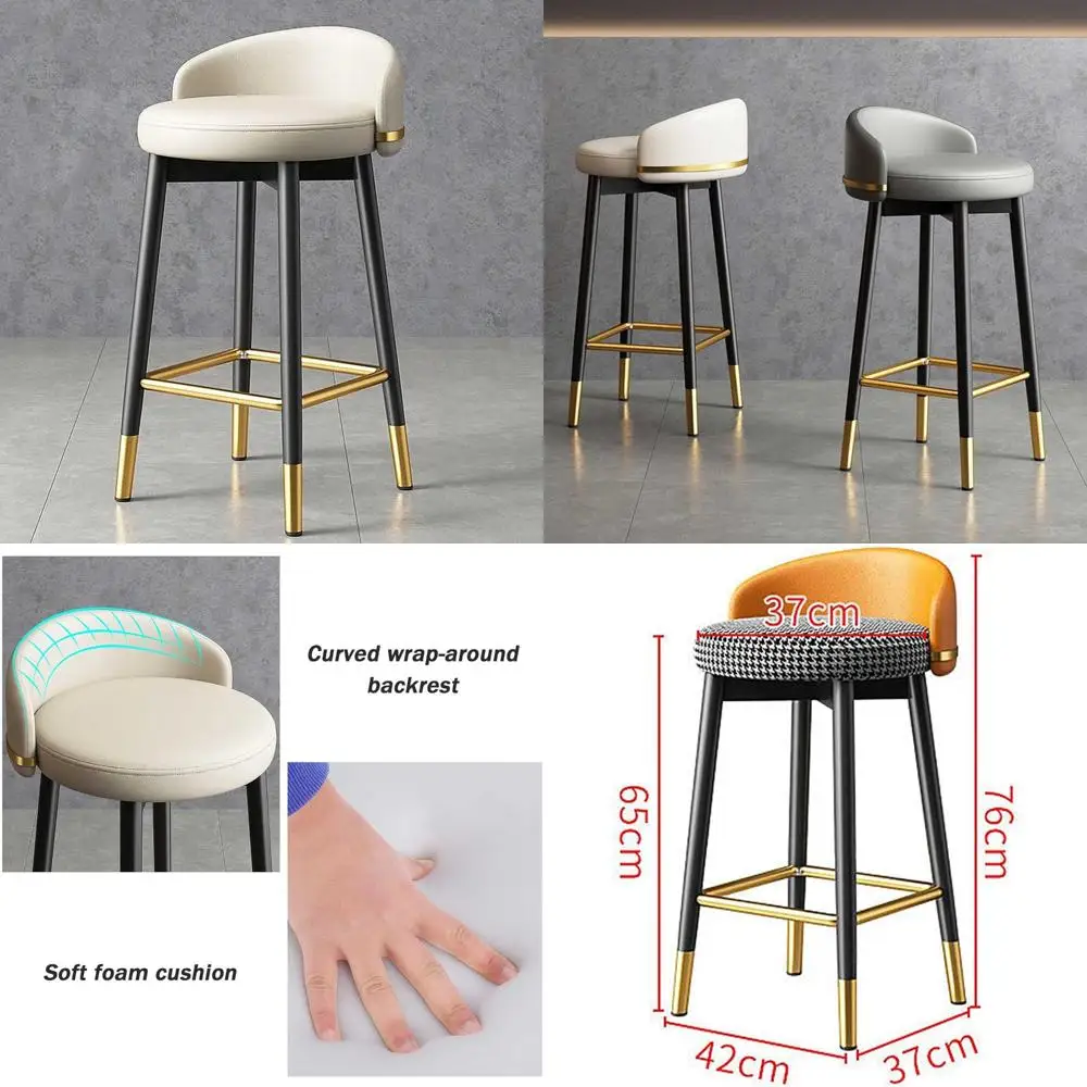 bar stools round upholstered seat with backrest & footrest black metal legs kitchen counter breakfast chairs, 65cm/75cm