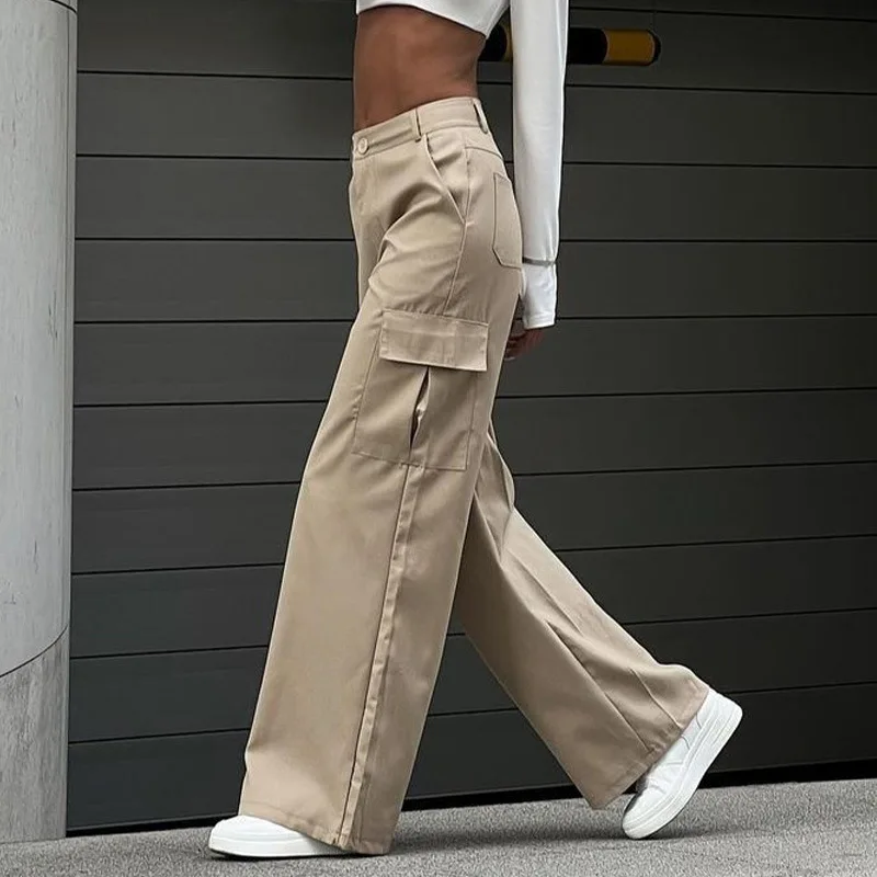 Y2K Women Vintage Cargo Pants Streetwear Casual Harajuku Parachute Pants Beige Sweatpants Baggy Wide Leg Joggers Trousers 2024