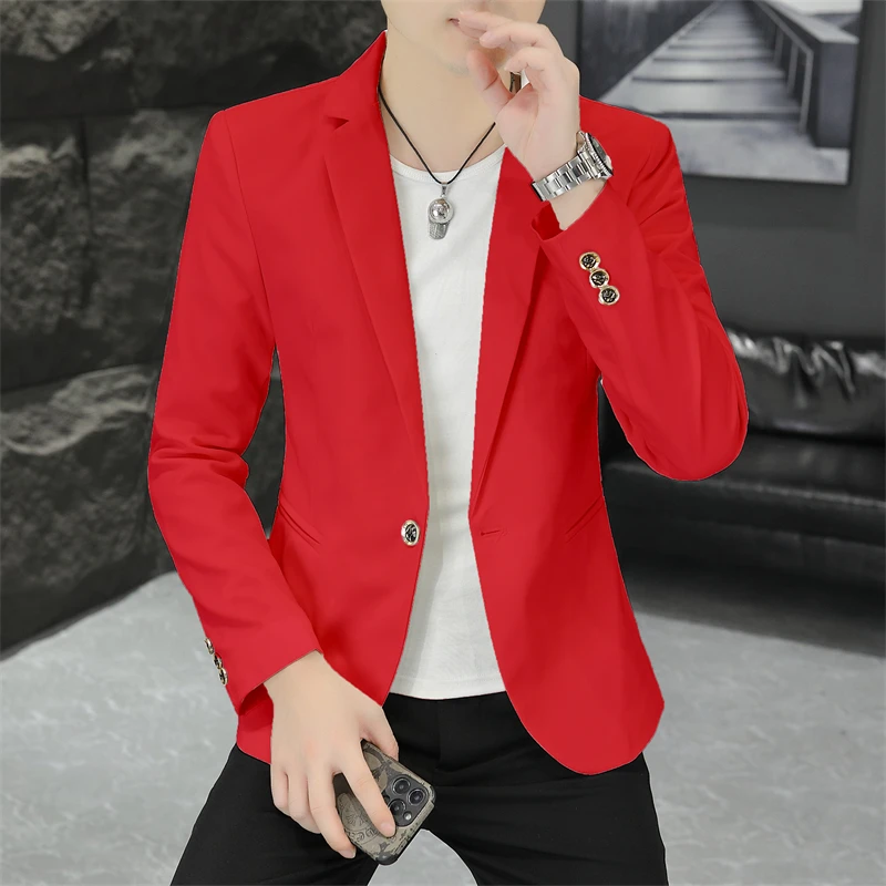 

Men's Casual Faionable Korean Sle Red Suit Slim Fit Spring Autumn Outerwear Trendy Individual Top Youth Stand Cut