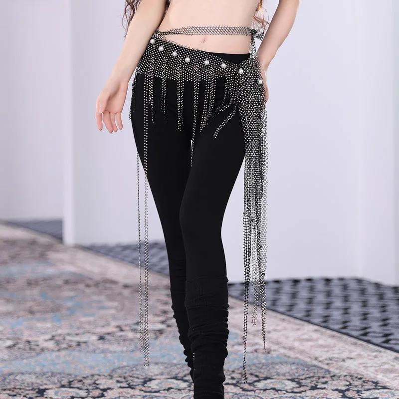 

Belly Dance Triangle Mesh Diamond Hip Scarf Multi Layer Tassel Hot Drill Long Waist Chain Female Bellydance Team Practice Clothe