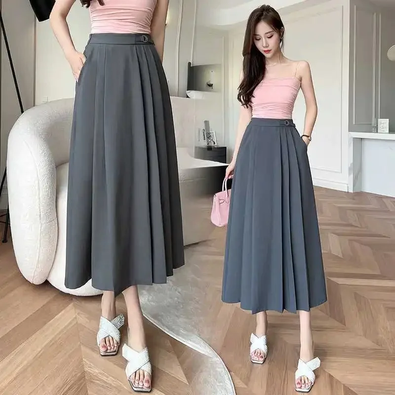 

Юбка А-силуэта средней длины с высокой талией, плиссированная, скрывающая бедра, женская модная модель весна-осень, однотонная, без декора