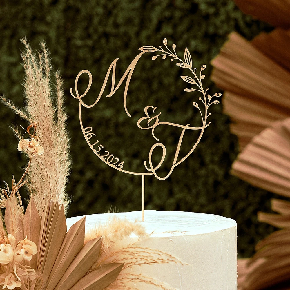Custom Initial Wedding Cake Topper Personalized Pastoral Wood Cake Toppers Rustic Anniversary Monogram Gold Acrylic Cake Topper