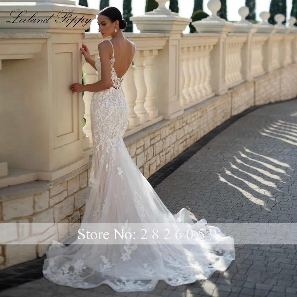 Lceland Poppy Customized V Neck Mermaid Lace Wedding Dresses Spaghetti Straps Sleeveless Beaded Backless Bridal Gowns