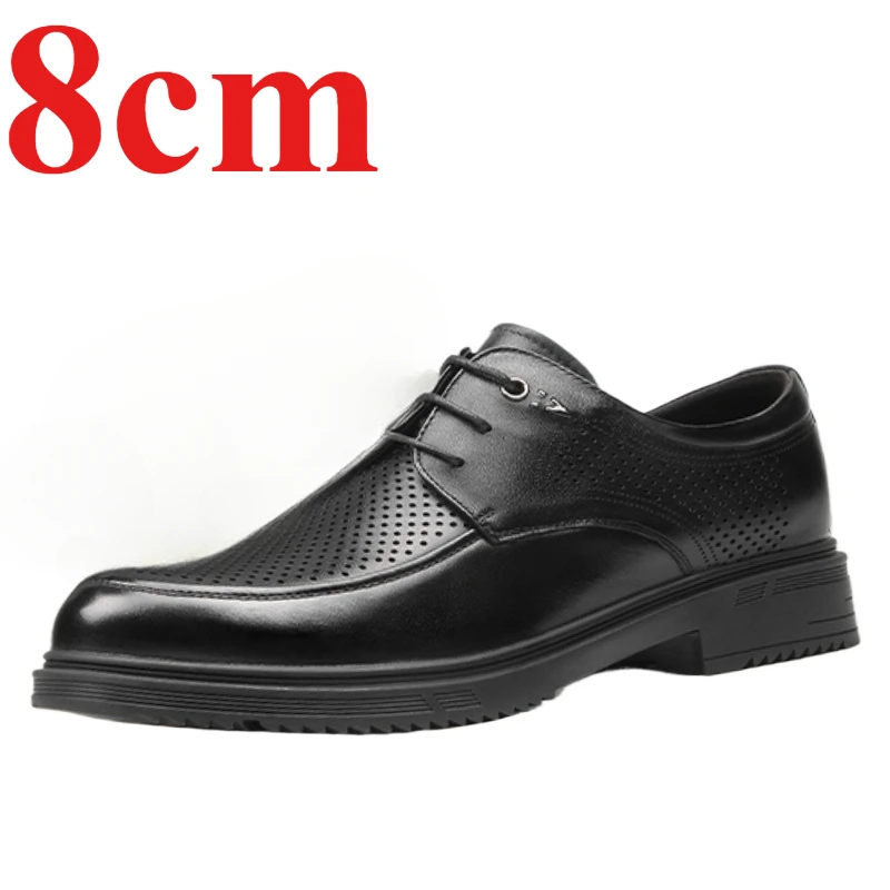 Height-increasing 8cm Men's Dress Shoes Genuine Leather Hollow Out Breathable Breathable Wedding Derby Shoe Black Elevated Shoes