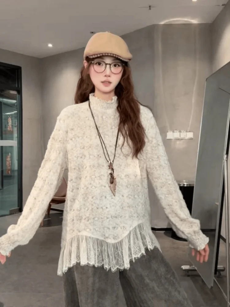 

Lace Splice Loose Faionable T-irt Unique Ele Sle Long Sve Women's Top Trendy Casual Wear for Autumn And Winter