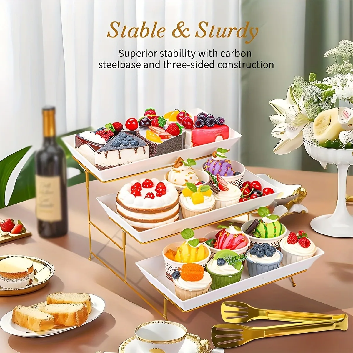 White Tiered Serving Stand + Tong, 3 Plastic Tray with Metal Stand for Cupcakes, Donuts, Fruits - Tiered Tray Stand for Tea Party, Party Food Display, Wedding Scene view 4