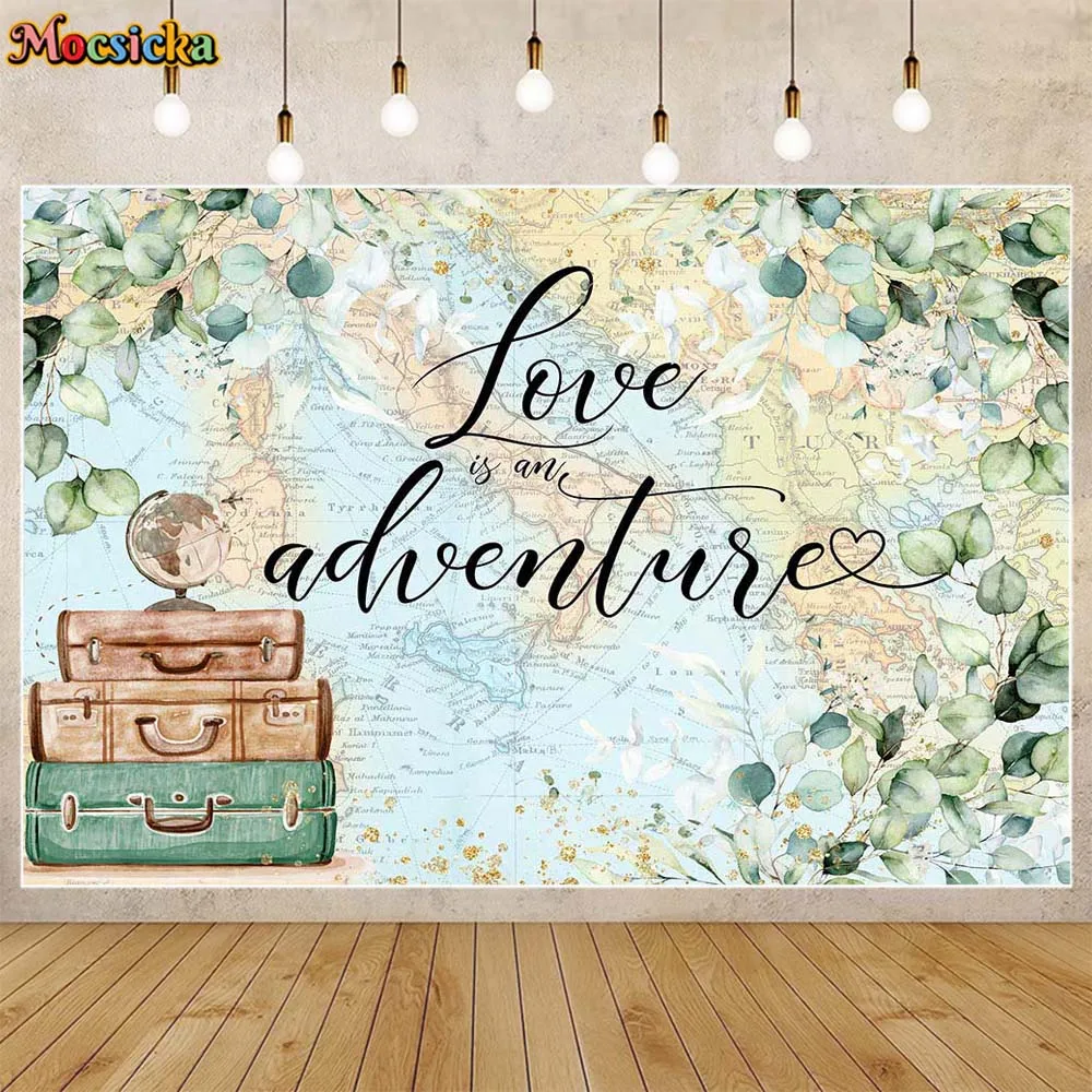 Mocsicka Love is an Adventure Photo Background Travel around the World Green Leaves Wedding Photography Backdrop Photocall Props