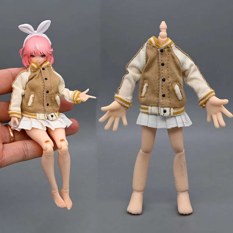 1/12 Scale Women's Sexy Pleated Mini Skirt with Yellow Basaball Coat Jacket Set Models for 6''Body DIY Accessories