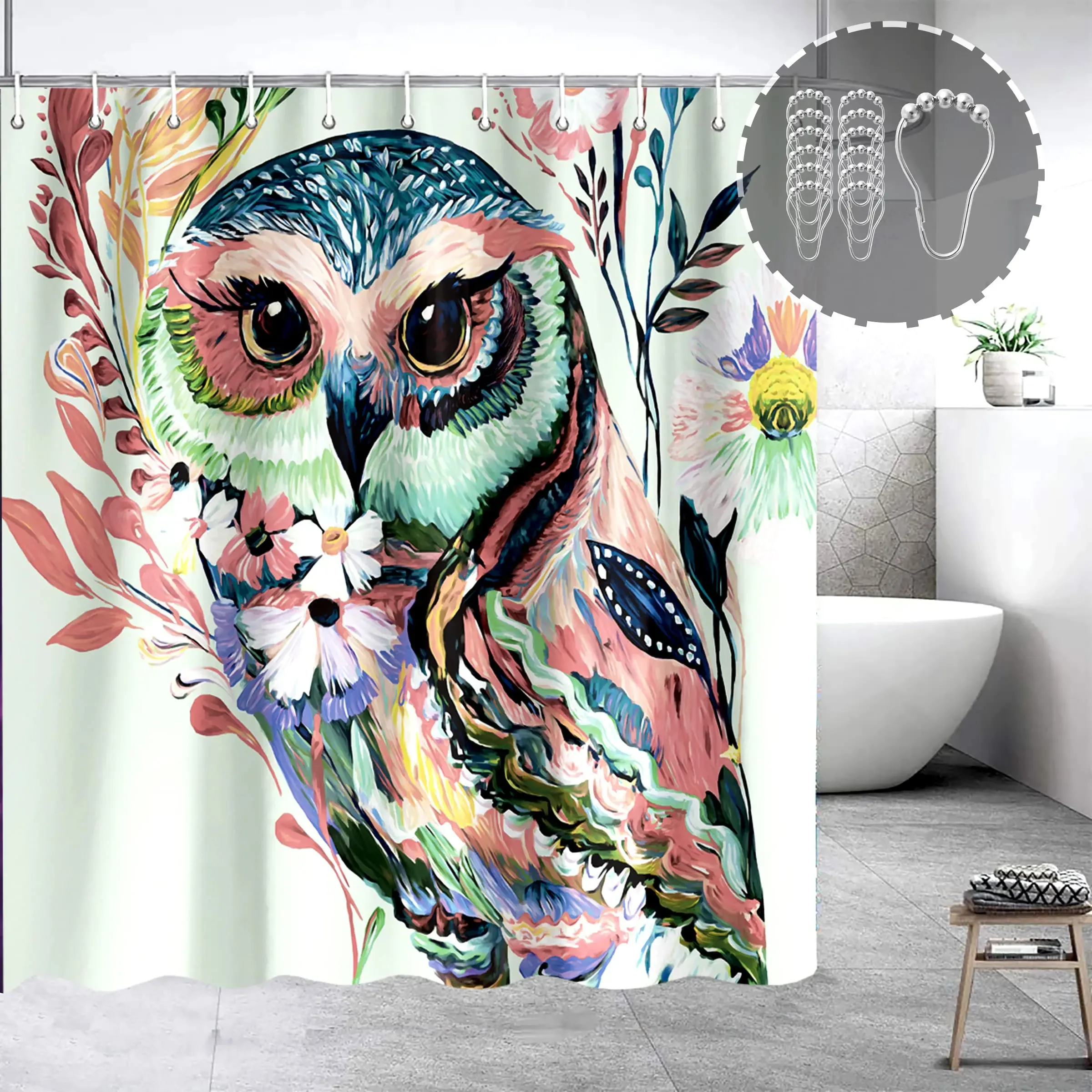 أطقم ستائر الحمام لديكور الحمام والقمر والبومة والغابات المسحورة والطيور والزهور والفراشة والخيال والجنية والشجرة والفوانيس والليل والسماء والمناظر الطبيعية #2