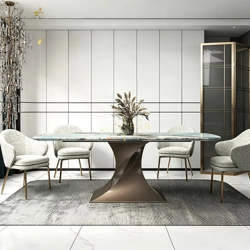 Custom Luxury Marble Top Round Rectangular Dining Table Twisted Metal Base Home Restaurant Furniture Customized Color Size