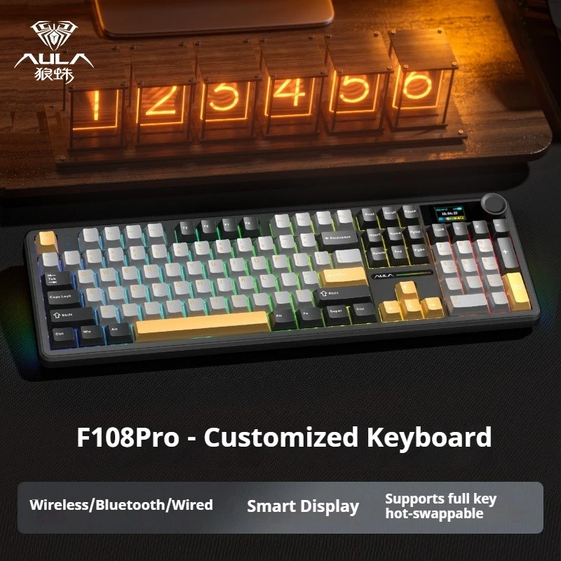 

AULA F108 Mechanical Keyboard 3 Modes Wired/Bluetooth/2.4G RGB Fast Response Gaming/Office Ergonomic Durable Stable Connection