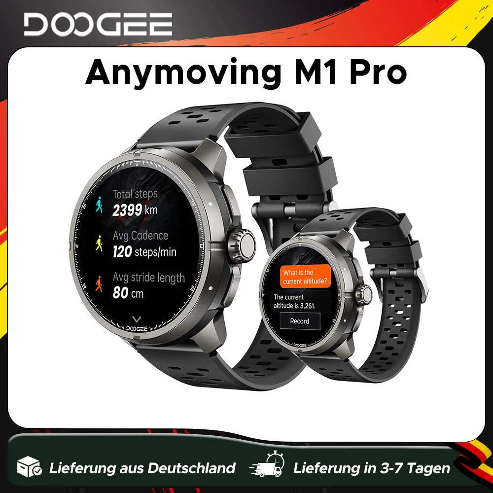 Montre connectée DOOGEE Anymoving M1 Pro avec cartes hors ligne, suivi de la santé, GPS, appels Bluetooth, fonction IA, étanche, pour adultes
