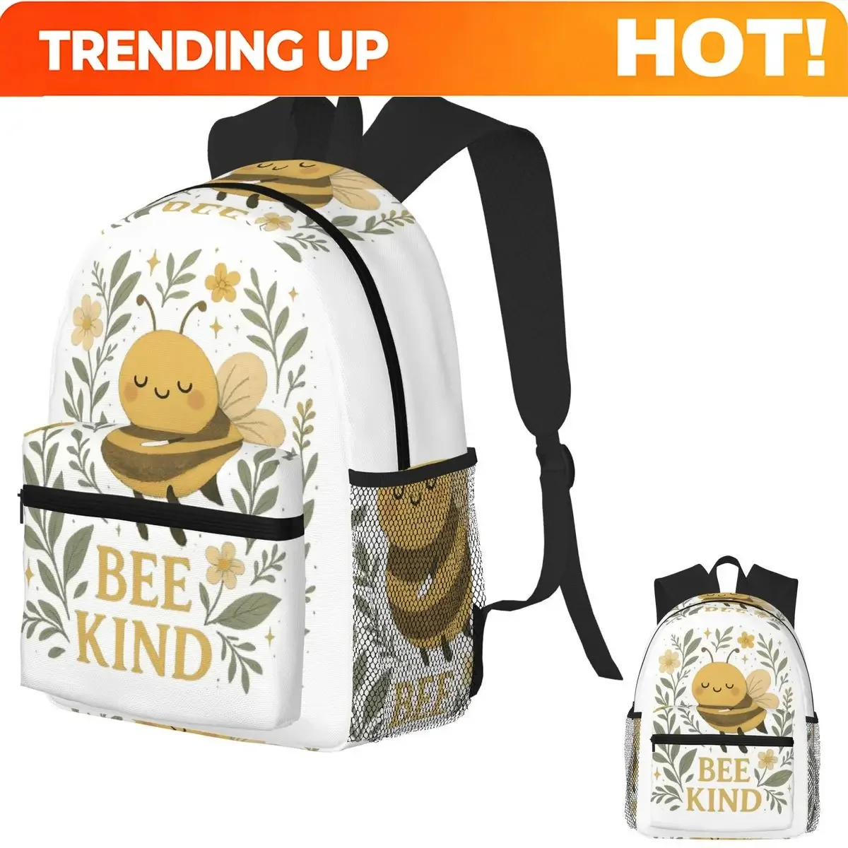 Custom Bag Bee Kind Cute Bumblebee Floral With Gentle Kindness Quote Backpack School Bag Hiking Travel Daypack Bookbag Shoulder