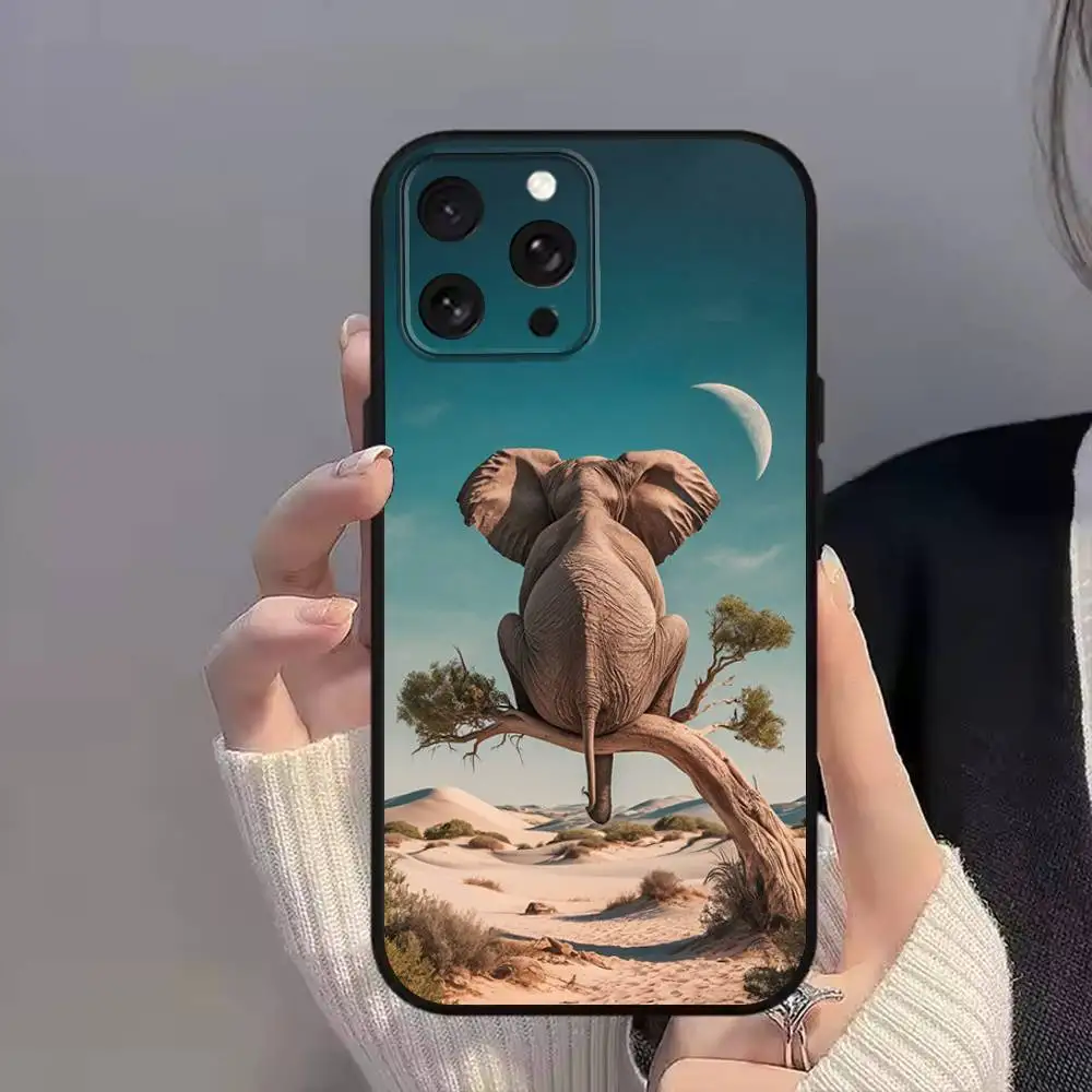 Enorme funda de teléfono con estampado completo de elefantes A-Animal para iPhone 11,12,15,16,17,13,14,Pro,Max,Plus,E,Mini,Air,SE4, funda suave negra