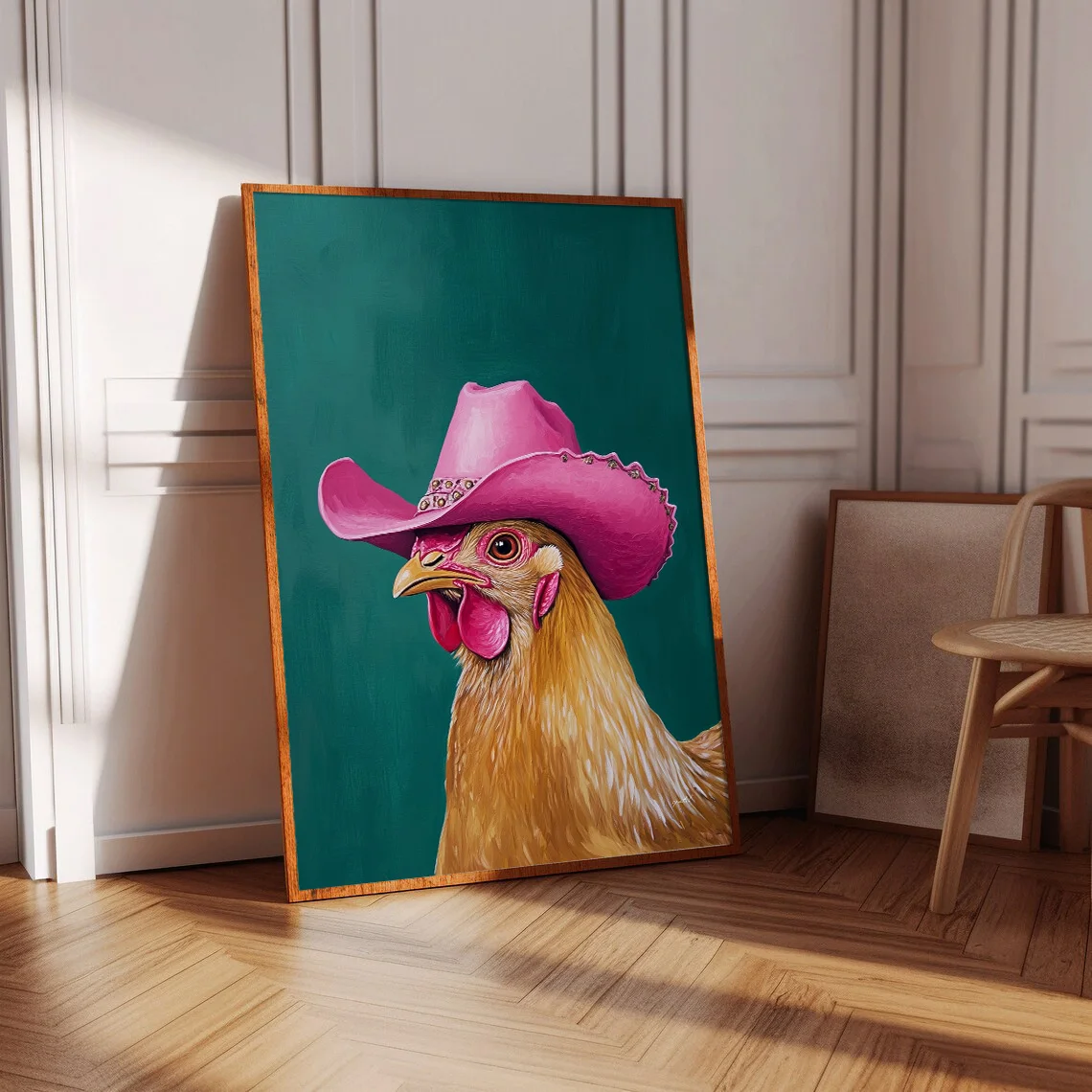 1pc Unframed Green Western Cowgirl Chicken Trendy Art Preppy Canvas Print PosterMinimalist Cowboy Dopanmine Decor Funky Painting