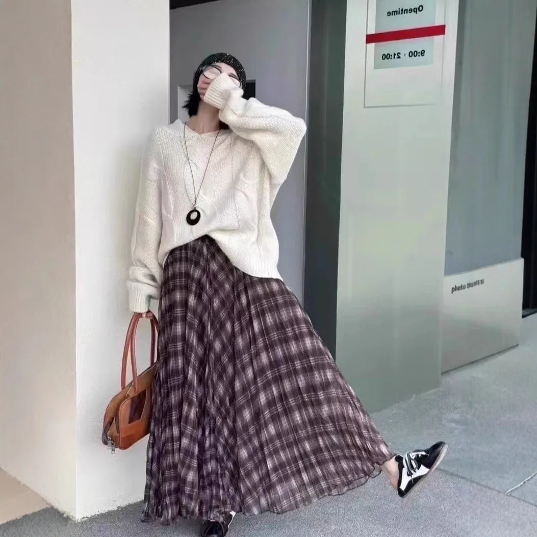 กระโปรงยาวทรงเอเอวสูงลายสก๊อตสำหรับผู้หญิง กระโปรงยาวทรงเอแบบอสมมาตรสไตล์เกาหลี กระโปรงผ้าทูลหลายชั้น กระโปรงจีบสำหรับงานปาร์ตี้