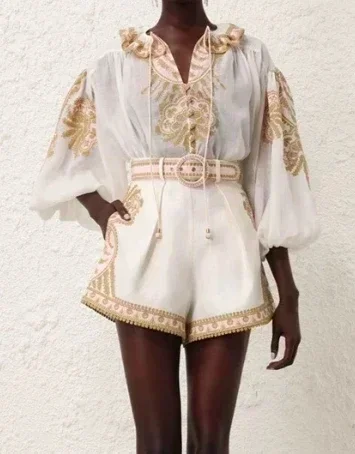 

White Embroidery 2024 High Quality New Design Long Sleeve Ruffles Ramie Blouse Tops and Linen Shorts Women Set
