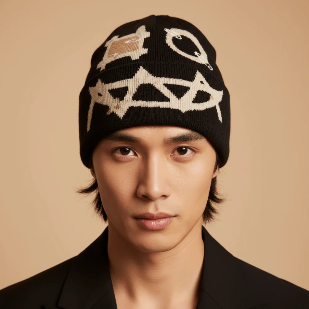 Printed Pattern Printed Pin Beanie High Elasticity Winter Warmth Demon Face Hat Acrylic Yarn Flat Design Ghost Mask Cap