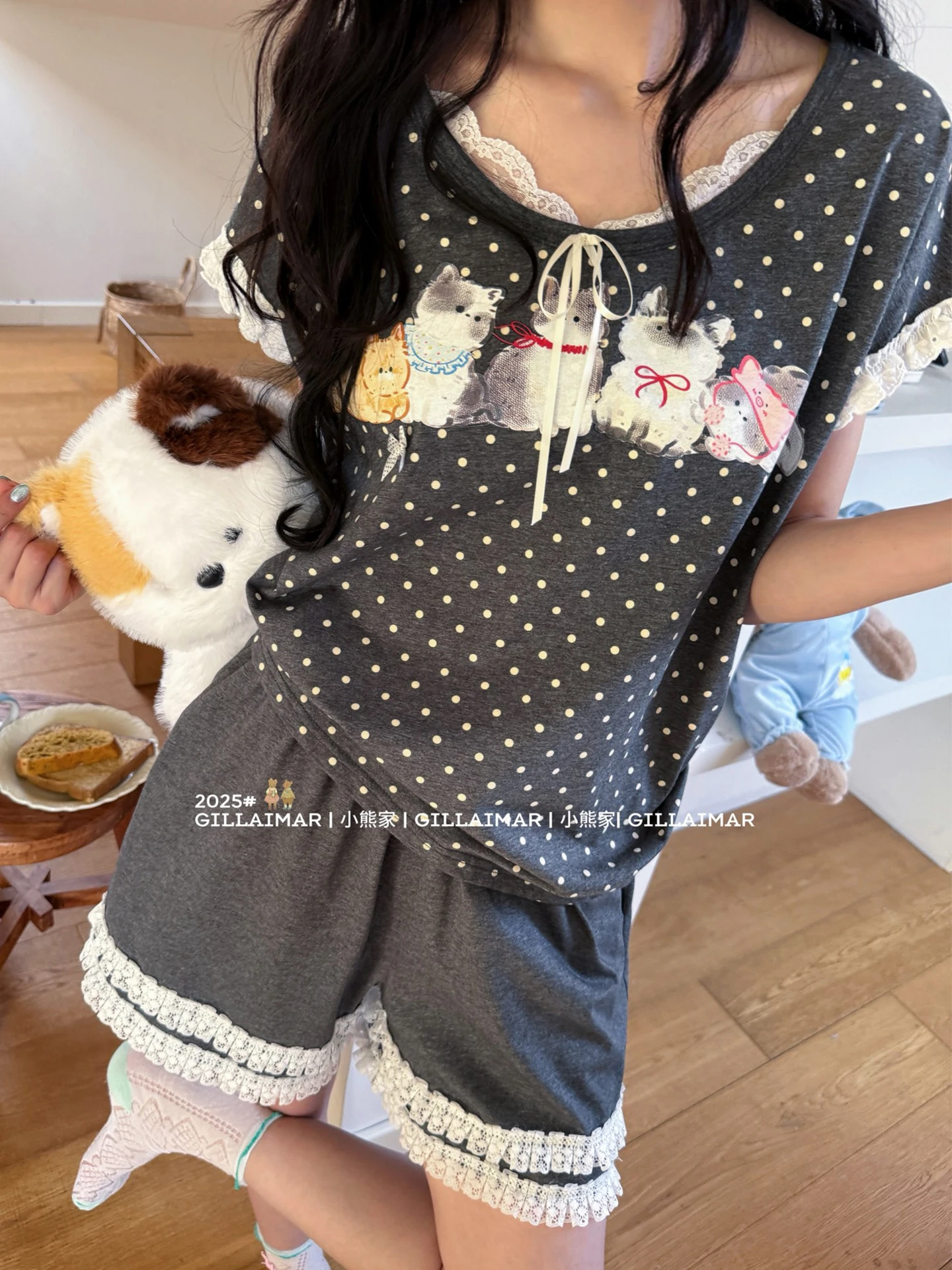 Summer new ins cute cat polka dot short-sleeved pajama set thin mercerized cotton loungewear set women