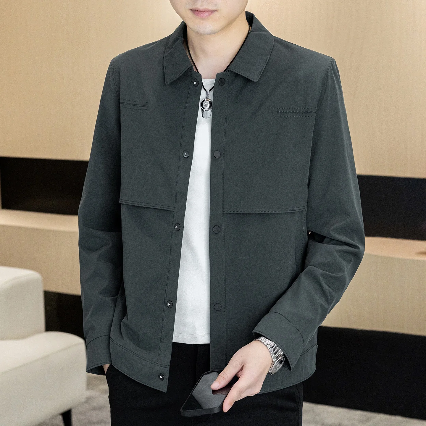 

High Quali ort Collar Jaet for Men Sli Slim Fit Casual Outerwear Autumn Winter New Arrival Cotton Blend Fabric