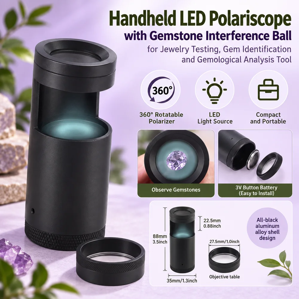 Handheld LED Polariscope with Gemstone Interference Ball for Jewelry Testing, Gem Identification and Gemological Analysis Tool