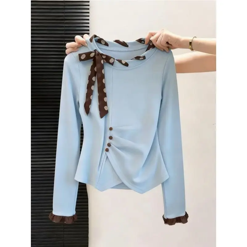 Women's Spring and Autumn Korean-style Light Blue Polka Dot Flutter Ribbon Pleated Fitted Peter Pan Collar Long Sleeve T-shirt