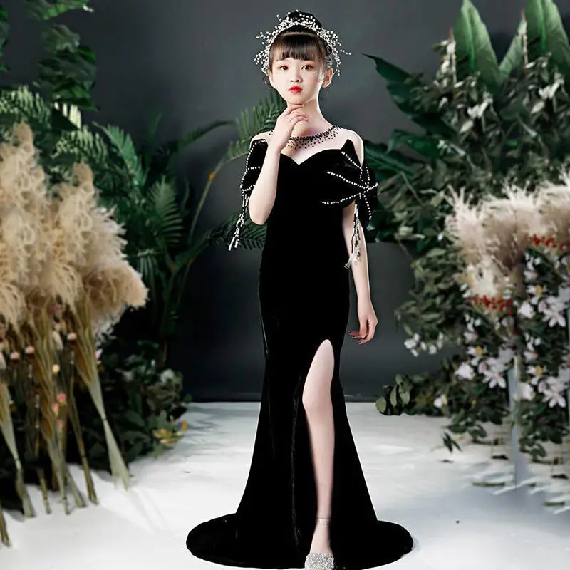 Big Girls Black Formal Party Gown Little Girls Elegant Slit Banquet Dress Junior Girls Kids Long Cocktail Dresses Peformance