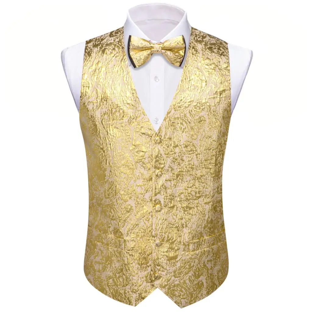 Luxury Vest for Men Silk Shine Solid Plain Yellow Gold Waistcoat Bowtie Set Wedding Party Formal Sleeveless Jacket Barry Wang