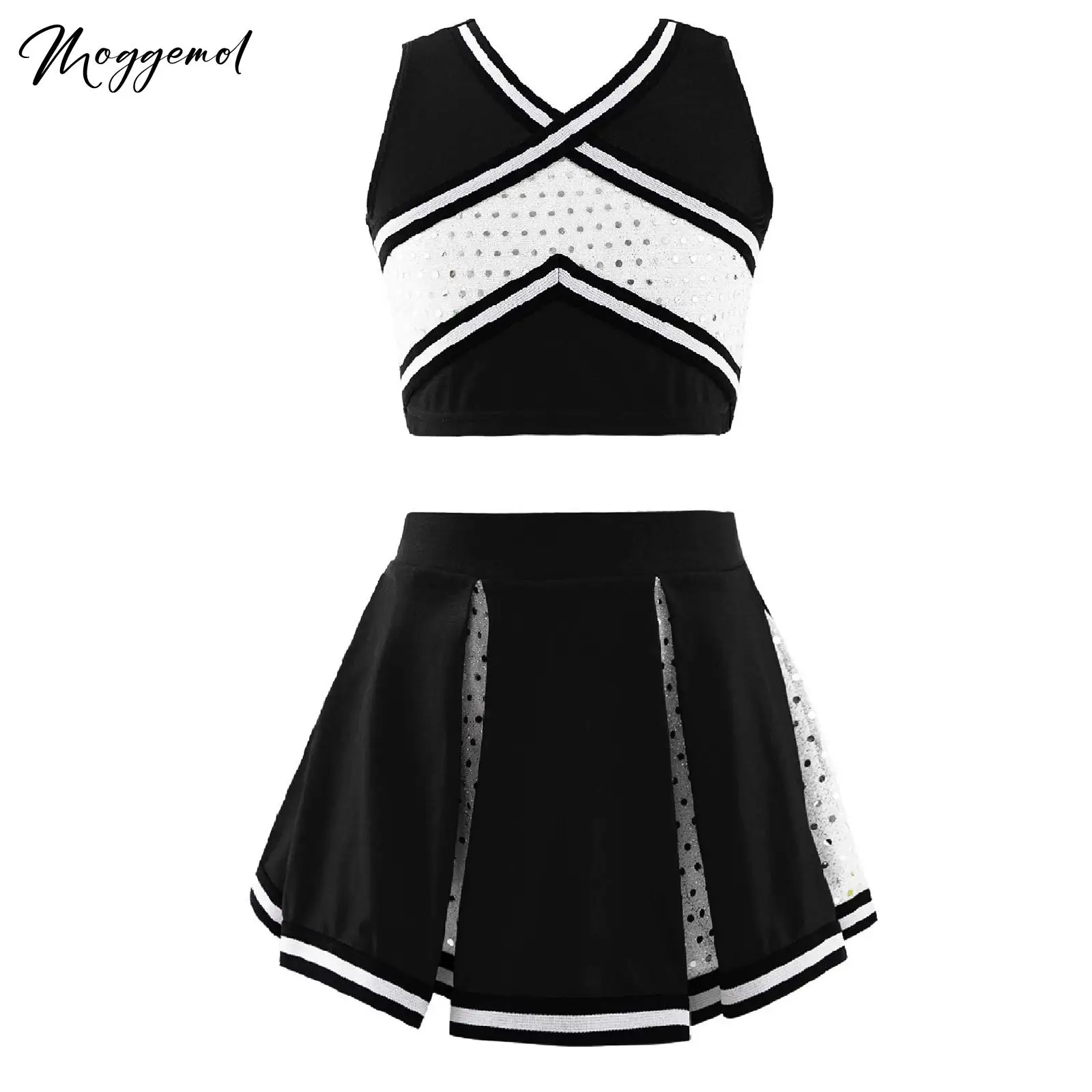 Kids Girls Cheerleader Dance Set Uniform Sleeveless Front V Neck Top with Elastic Waistband Skirt Halloween Cheerleading Outfits