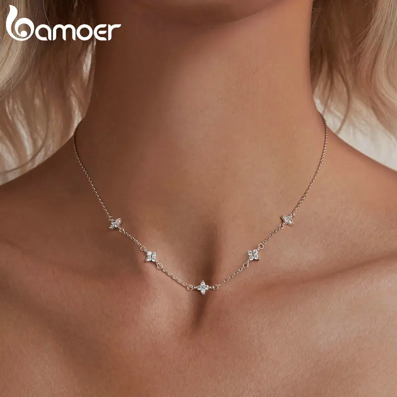 BAMOER 925 Sterling Silver Dainty Stars Necklace for Women, Four-Leaf Clover CZ Choker Chain Necklace Trendy Jewelry Gift BSN394