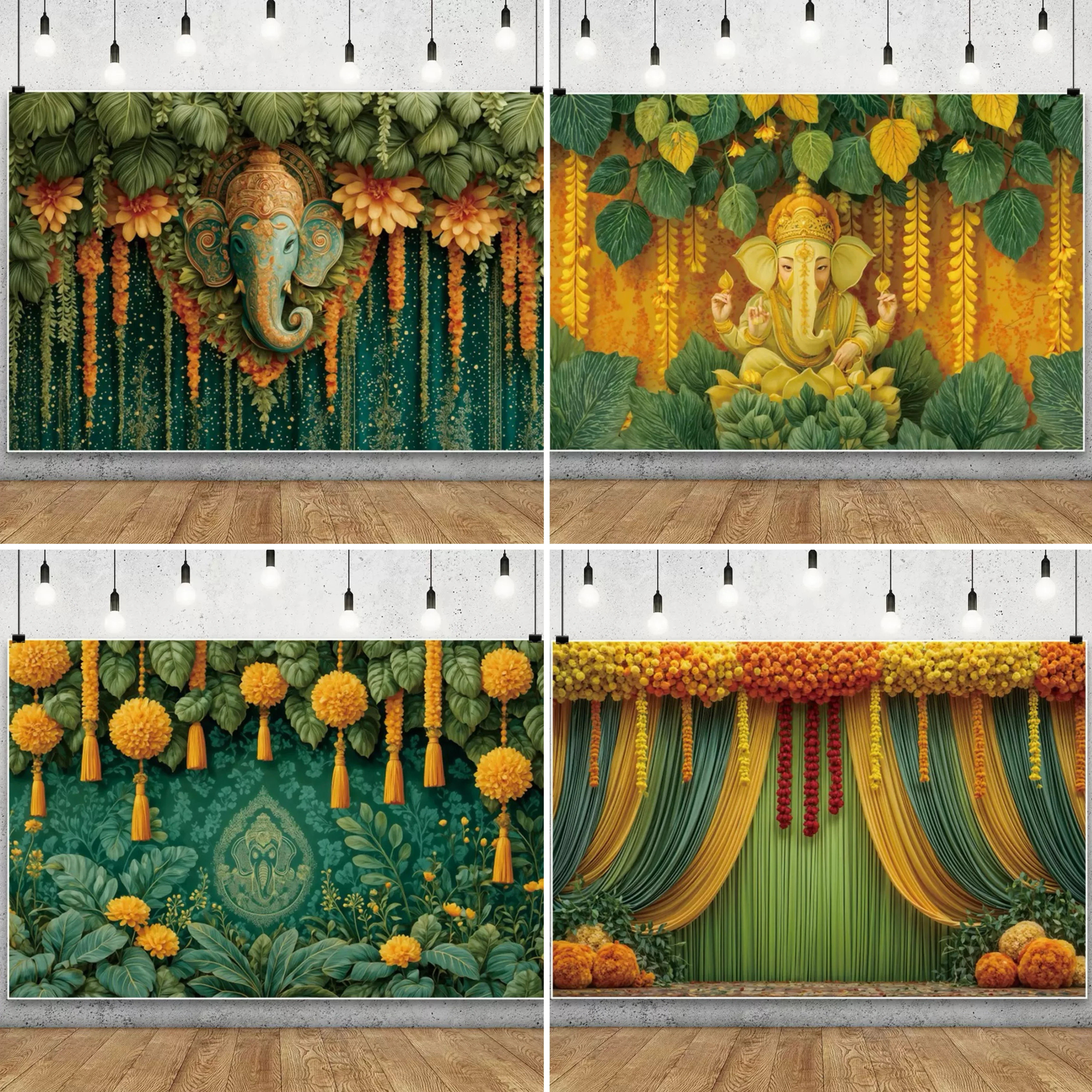 Fondo fotográfico de elefante Gani de caléndula tradicional india, decoración de celebración de Festival de Holi de boda hindú, corona de flores
