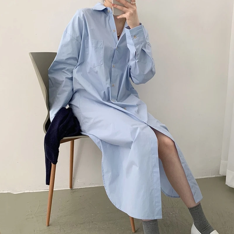 

Turn-down Collar Botton Cotton Shirt Dress Long Sleeve Midi Kobieta Sukienka Autumn Elegant Blue Dresses for Women Casual Korean