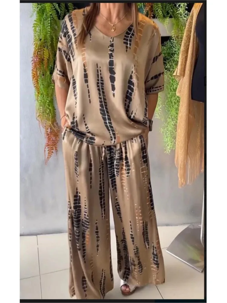 

Летний повседневный винтажный топ с v-образным вырезом и короткими рукавами с принтом и широкие брюки, костюм, женский модный комплект из двух предметов, удобная одежда
