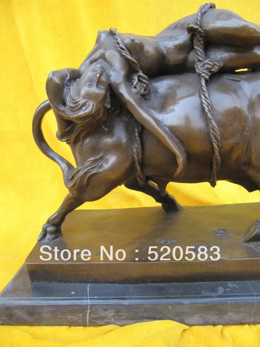 classical Retro bronze art sculpture a nude women cord bind on bull ox statue