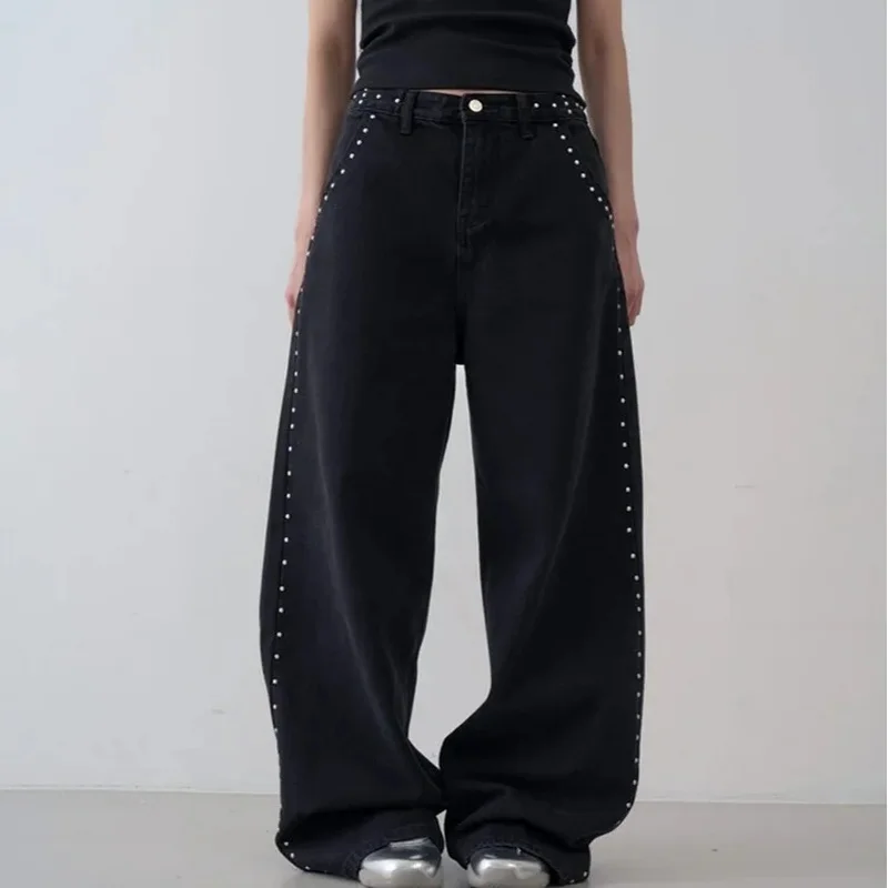 Fashion Rivet Straight Jeans Women High Waist Causal Versatile Pocket Wide Leg Denim Pants 2026 Spring Fall New Lady Streetwear