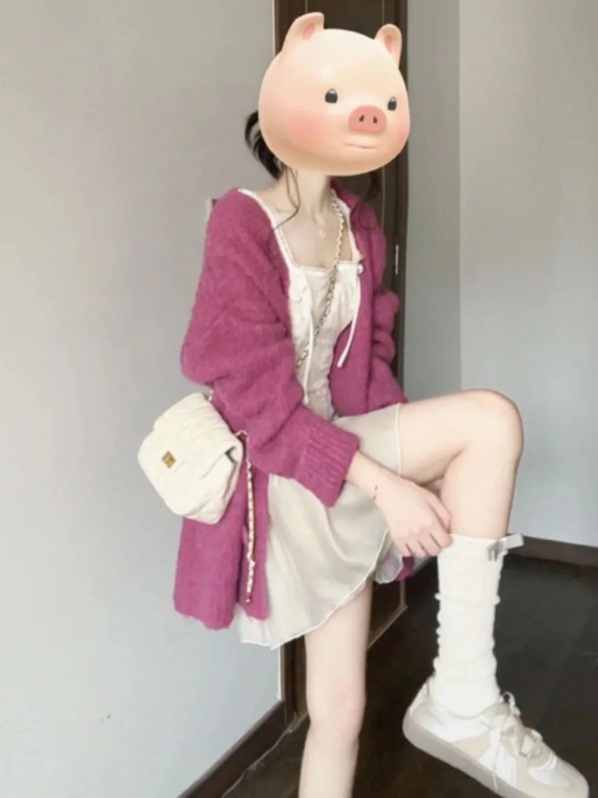 

Spring Fashion Korean Style Lace Trim Camisole Dress Cardigan Two-Piece Set Age-Defying Chic Cotton Long Sleeve round Neck