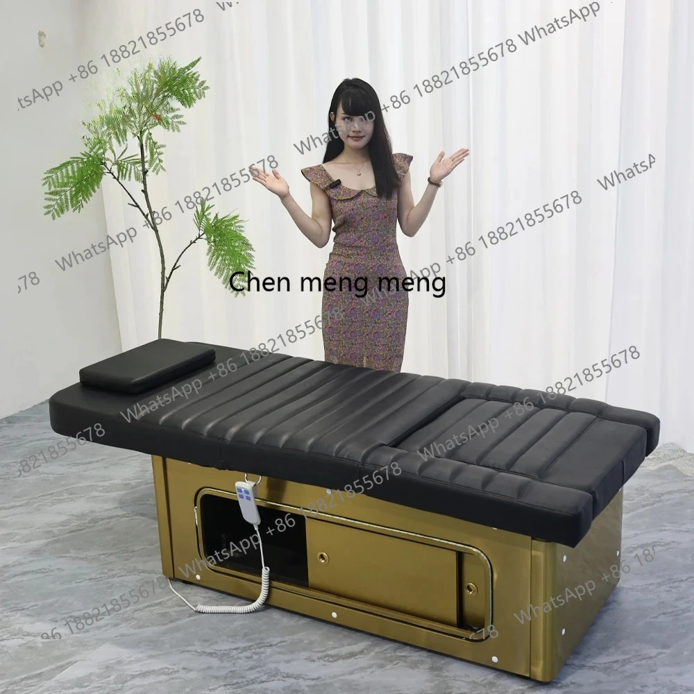 

Luxury Gold Frame Black Leather Multifunction 2 Motors Electric Facial Spa Salon Bed Modern Massage Bed with Pedicure Spa