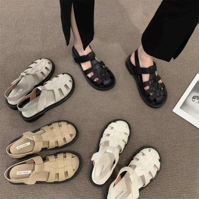 Hollow Woven Sandals Women Summer New Casual Flat Bottom Roman Solid Colour Shoes Lightweight Casual Round Head Slippers