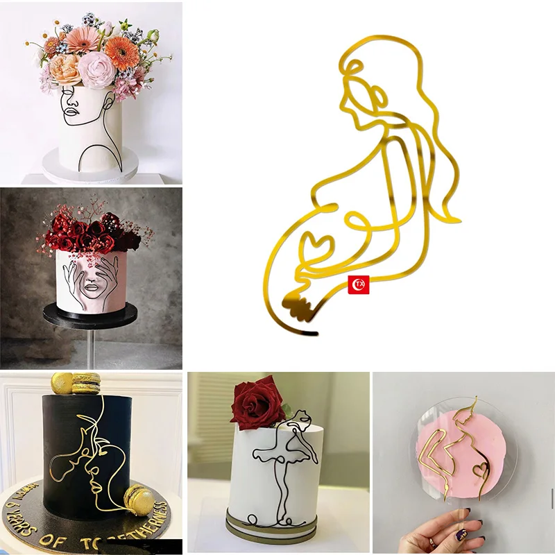 Pregnant Woman Abstract Minimalist Lines Acrylic Cake Topper Gold Ballet Birthday Cake Topper for Birthday Party Cake Decoration