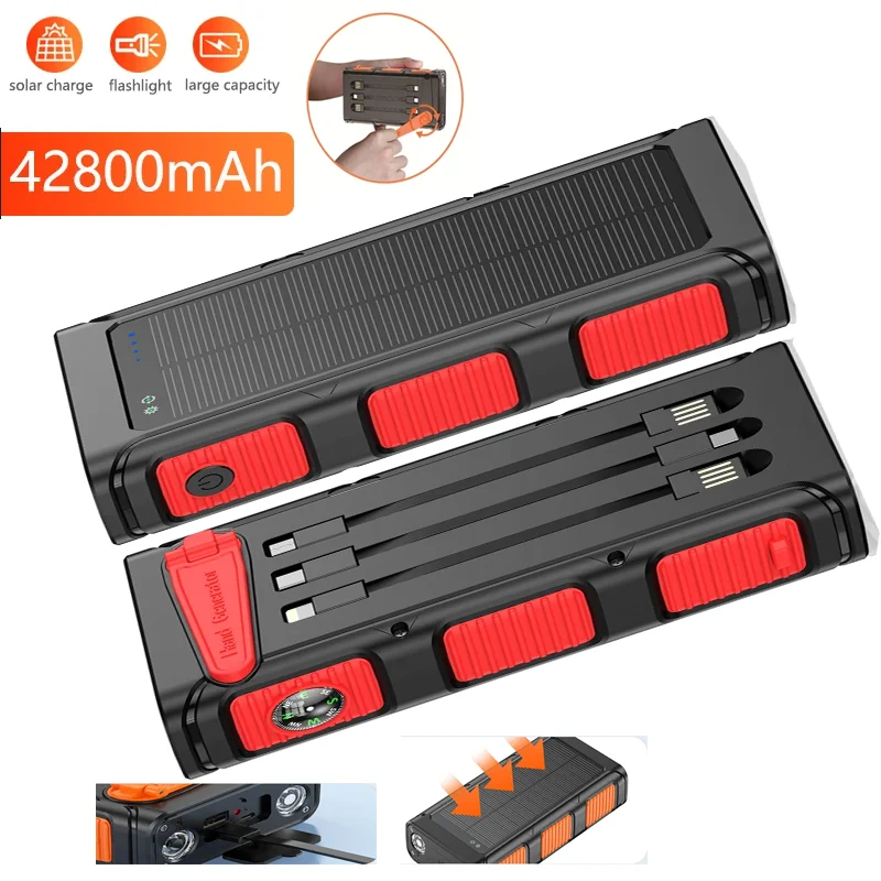 

Ручной аккумулятор на солнечной батарее 30000 мАч с кабелем для кемпинга PD 20 Вт Powerbank с быстрой зарядкой для iPhone Xiaomi Samsung Poverbank