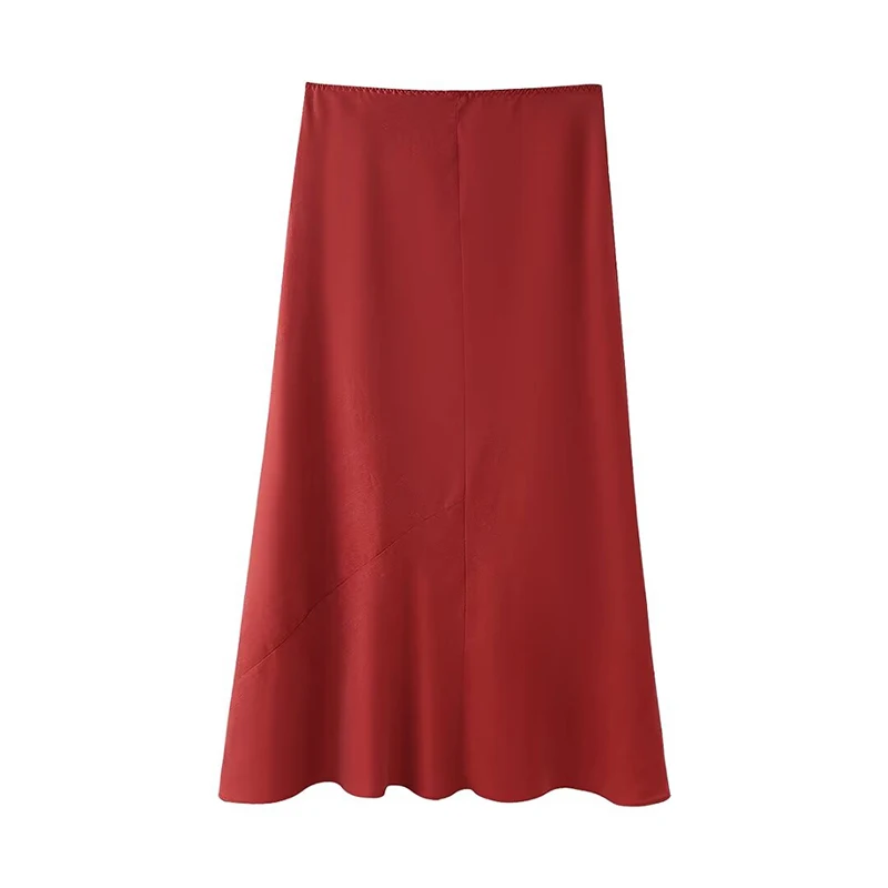 YENKYE High Street Women Mid Waist Satin A-line Midi Skirt Red Black Elegant faldas mujer