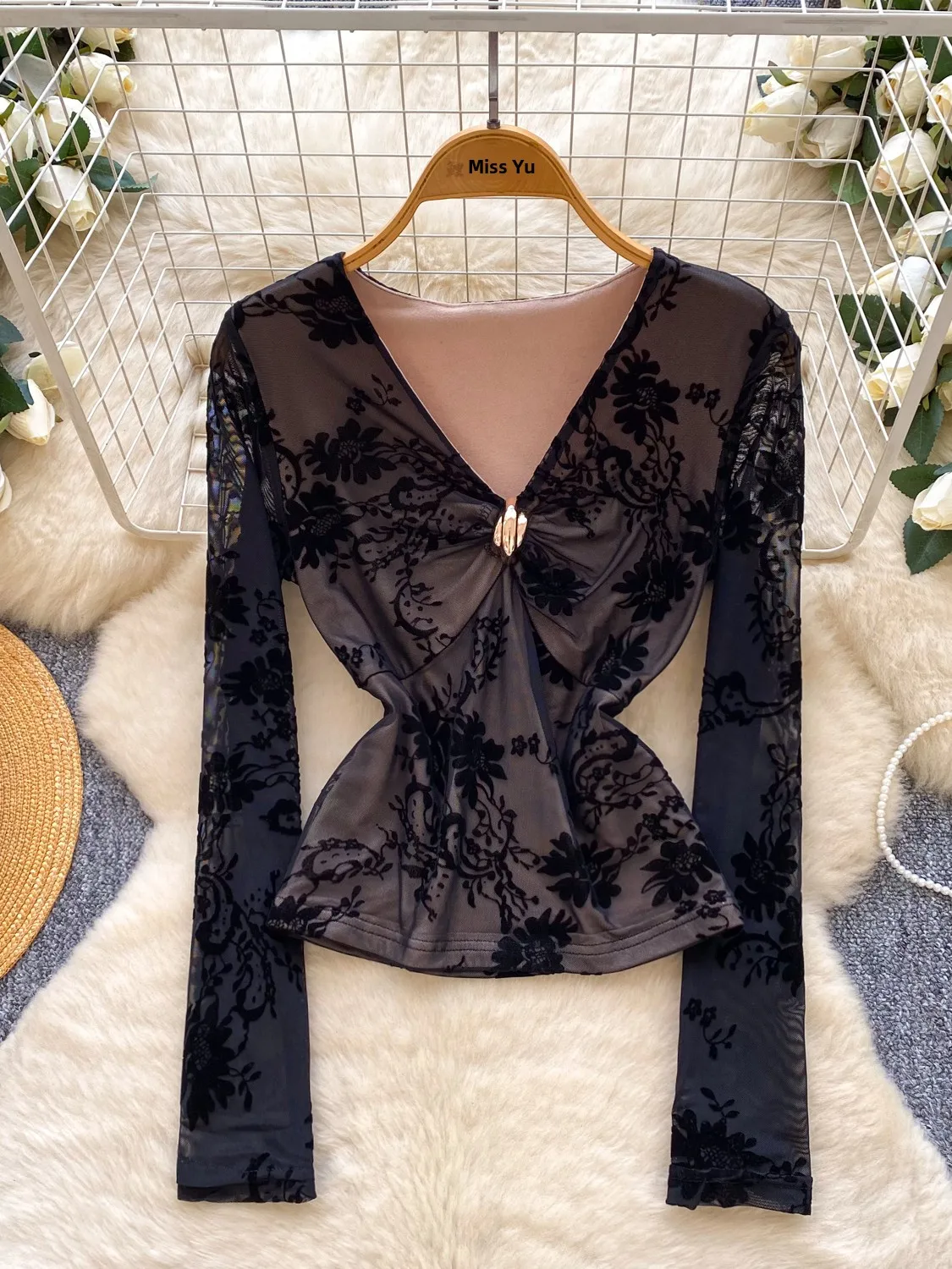 Retro V-Ne Long Sve Floing Me irt المرأة سليم صالح الراقية يشعر عقدة تصميم زر معدني قاعدة irt الكورية Sle... #1